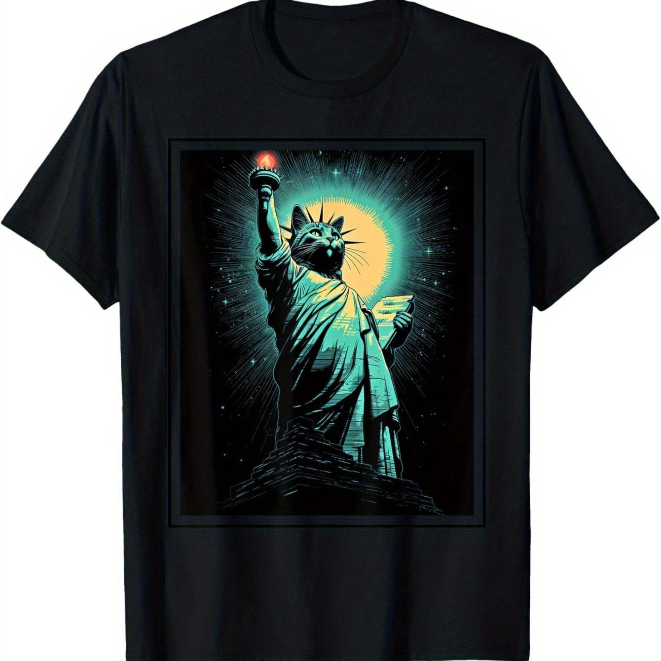 Cat Statue of Liberty Cat Graphic Tee Men s Funny Crew Neck Short Sleeve Cotton Casual Daily T-Shirt 4XL