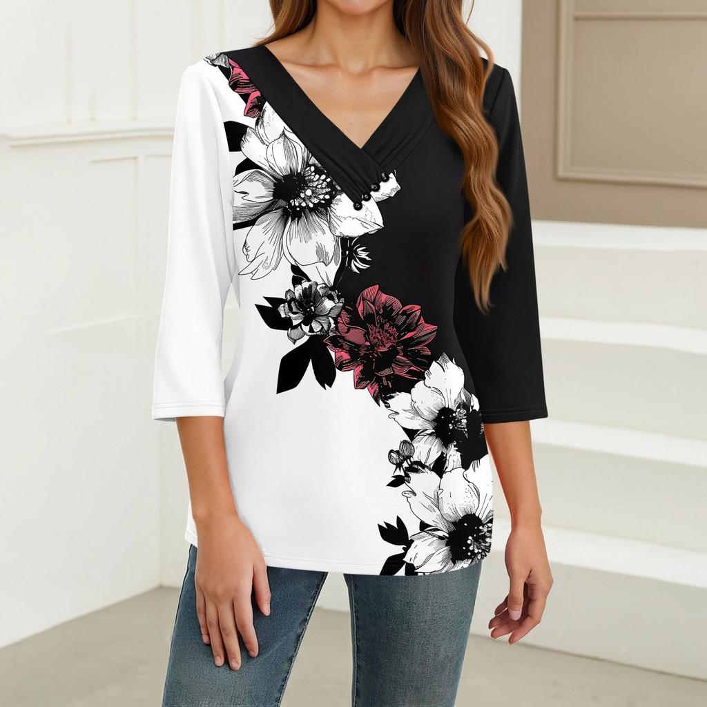 Women's Print Top Button-down V-neck T-shirt 3/4 Sleeve Loose Fashion Top