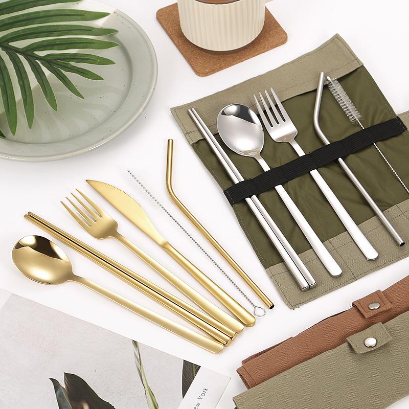 304 Stainless Steel Tableware Sets, Portable Tableware Bag, Knife, Fork, Spoon, Chopsticks, Straw, Full Sets, 6Pcs