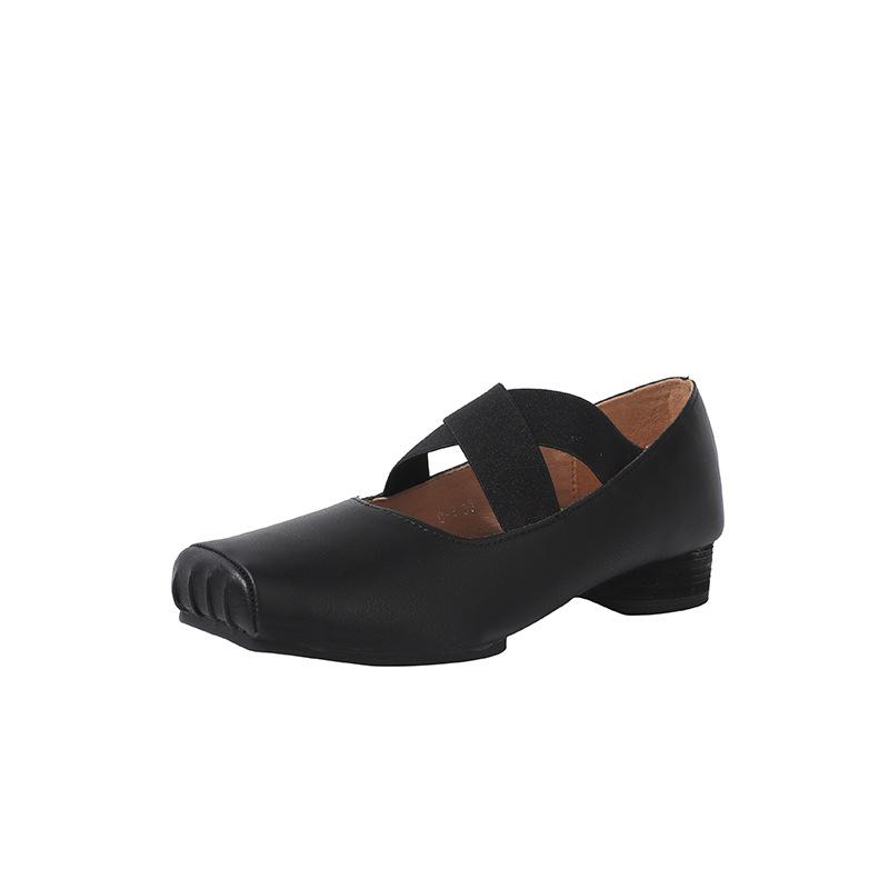 New Year's New Crossed Ballet Sneakers with Square Toe Pleated Retro Style Single Shoes Thick Heels Mary Jane Women's Shoes