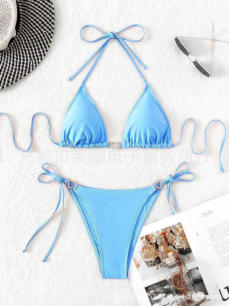 2024 European & American Sexy Solid Color Tie-Up Bikini Swimsuit - Women's Split Swimwear