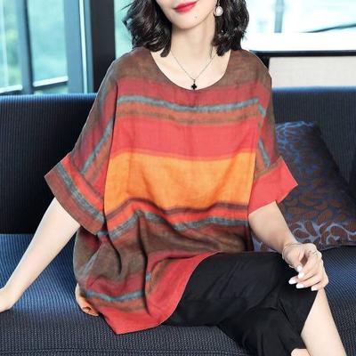 Plus Size Lato Krótki Rękaw Vintage T-shirty Luźne Topy