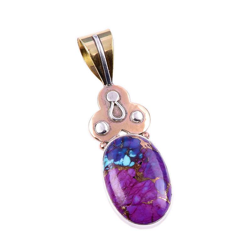 Natural Purple Copper Turquoise 925 Solid Silver Gift TwoTone Pendant1.75" A8F87