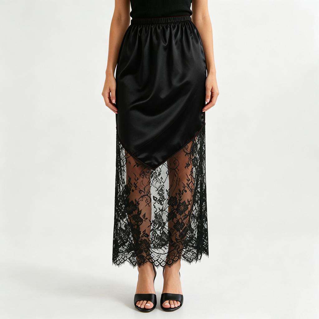 Women's Lace Maxi Skirt with Satin A-Line and High Elastic Waist for Daily Wear