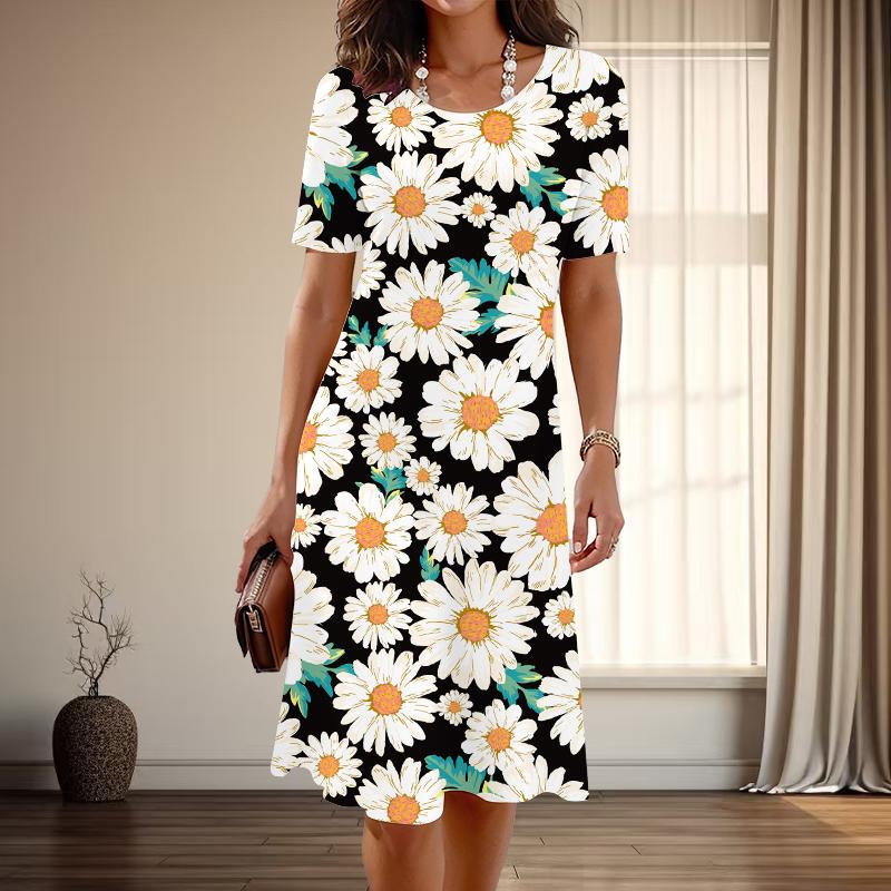 Moda Damska Pełne wdzięku Sukienki Codzienne z Nadrukiem Słonecznika na Lato i Wiosnę z Krótkim Rękawem i Okrągłym Dekoltem