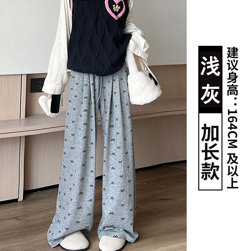 Grey Bow Glutinous Rice Yamamoto Pants Women's Spring and Autumn Vertical Straight Tube Small Lazy Casual Wide-leg Pants