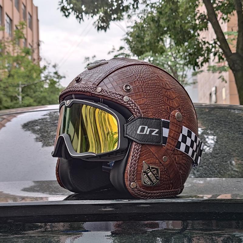 Retro Motorcycle Helmet PU Leather Open 3/4 Chopper Bicycle Helmet CapacetDOT Certification
