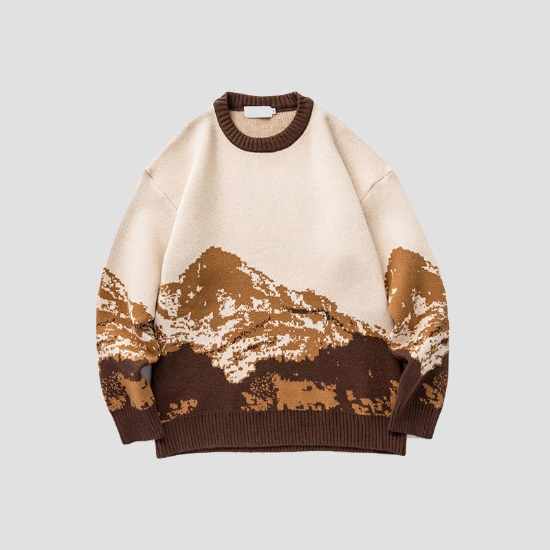 Autumn/Winter Tie-Dye Snow Mountain Men's Loose Knit Sweater, Trendy Hong Kong Style, Long-Sleeve Pullover.
