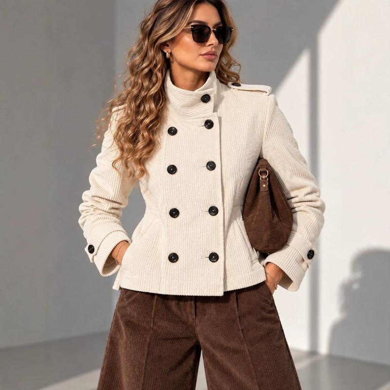 Autumn/winter new women's vintage stand-collar double-breasted corduroy slim short jacket