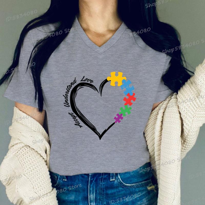 Autism VNeck Shirt Accept Understand Love Shirt Autism Awareness TShirt Heart Puzzle Piece Shirt Autism Teacher Gift Tops Tees S