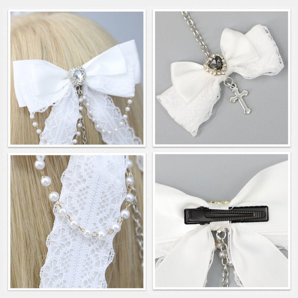 Chain Detail Lace Bow Hair Clips Rhinestone Decoration Side Barrettes Hair Clip  Punk Style