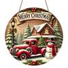 2D Flat, 1pc Round Merry Christmas Vintage Aluminum Hanging Ornament, Snowy Cabin Pine Tree Holly Berry Winter Scene Print, Metal Wall Door Hanging