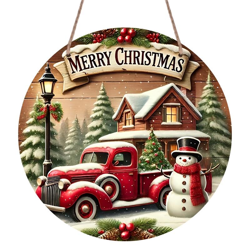 2D Flat, 1pc Round Merry Christmas Vintage Aluminum Hanging Ornament, Snowy Cabin Pine Tree Holly Berry Winter Scene Print, Metal Wall Door Hanging