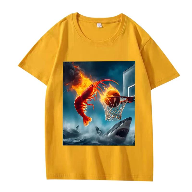 

Shrimp Dunking on Shark Graphic tee Retro Fishing T Shirt men women short sleeve Summer Unisex tops 4XL
