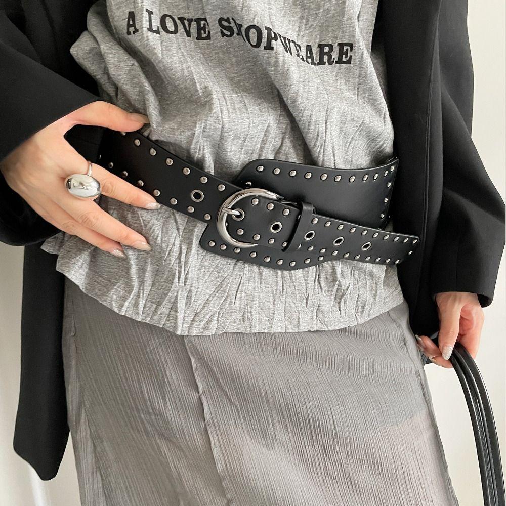 

Designer Wide Women s Belt Punk Style Dress Jeans Belt Fashion Rivet Waist Belt Streetwear білий