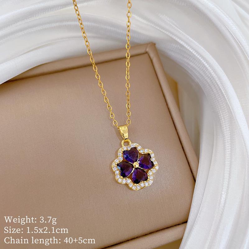 Titanium Steel, Empty Lucky Grass Light Luxury Temperament Gorgeous Full Diamond Necklace Women'S Versatile Collarbone Chain Titanium Steel Chain