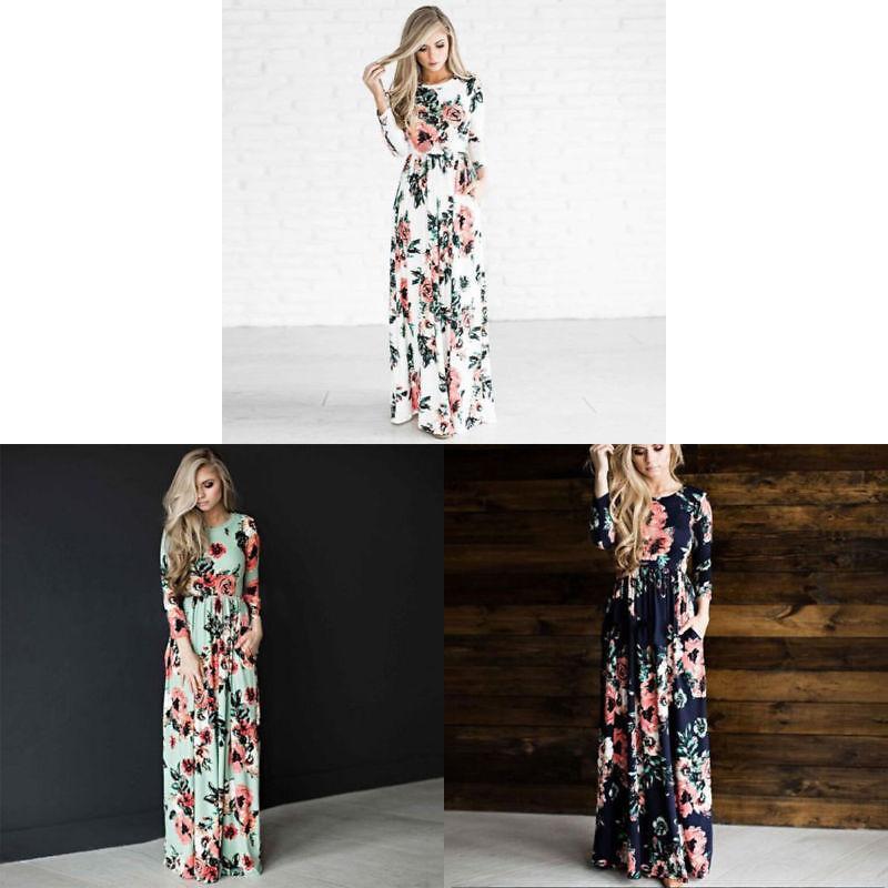 Elegant Summer Floral Print Long Sleeve Dress For Women In White Pink Green And Navy Blue