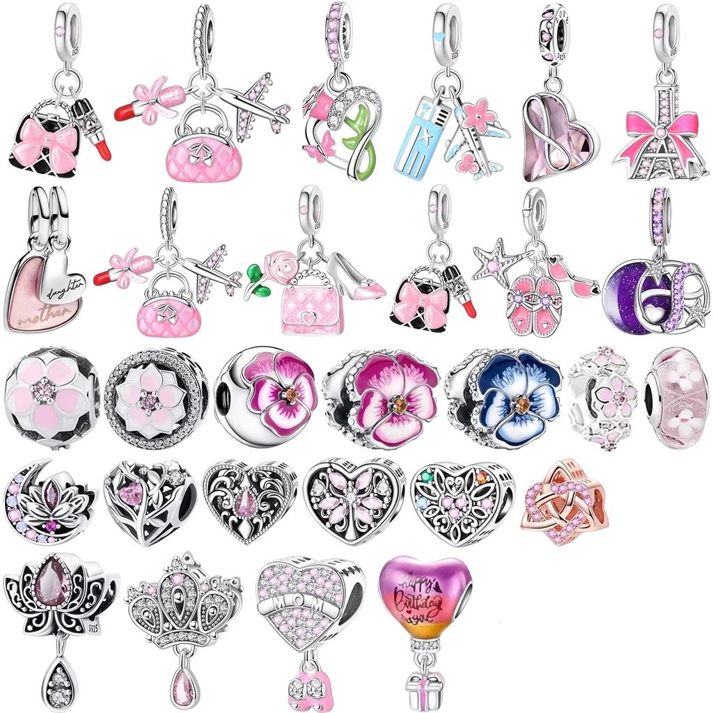 Ny Koppar Rosa Blomster Hängande Berlock Fjäril Hjärta Blomma Ros Fågel Pärla För Halsband Diy Armband Fint Smycke