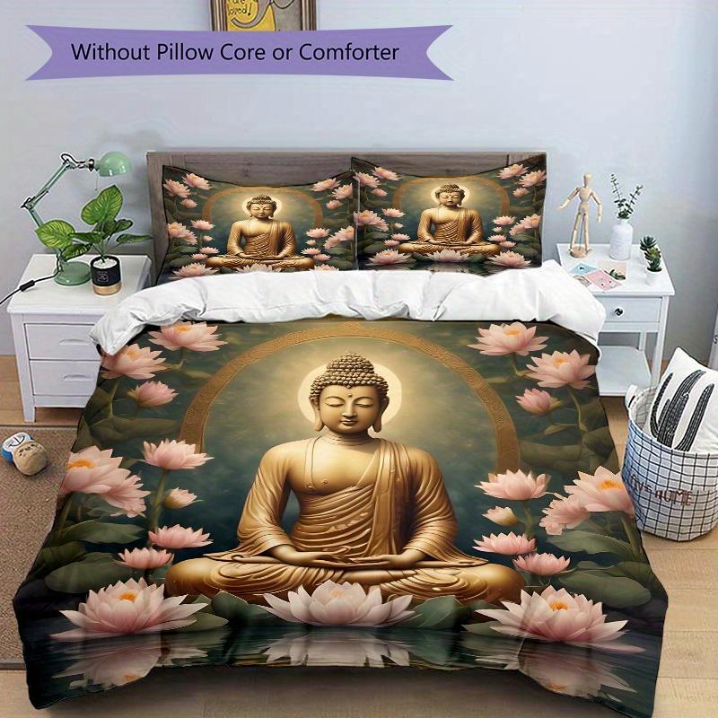 3pcs Buddha Lotus Soft Comfortable Bedding set, For Bedroom, Guest Room And Dorm, All Season Use, High-Definition Printing, Machine Washable 175