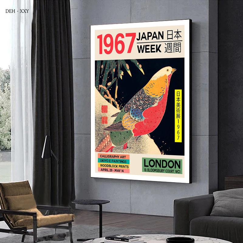 Poster zur Ausstellung japanischer Kunstwerke, Poster zur Japan Week 1967, Vögel, Leinwandgemälde, abstraktes Wandbild für die Zimmerdekoration zu Hause