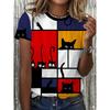 Color Blocked Cat Round Neck T-shirt for Women
