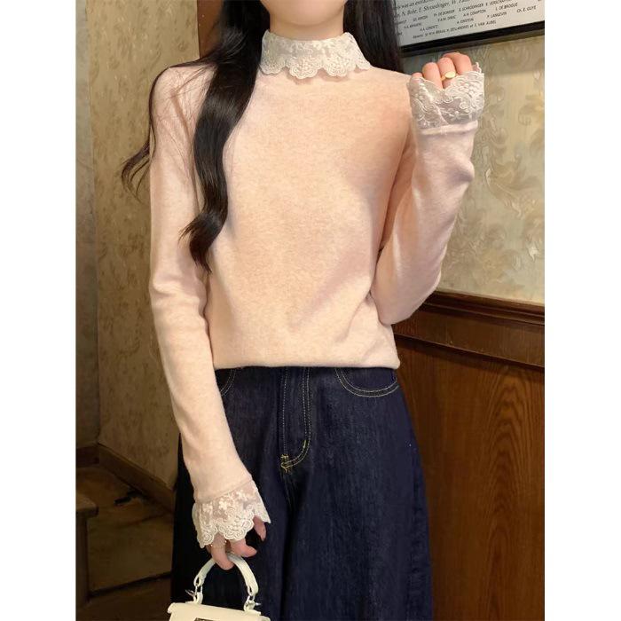 Korean Style Lace Patchwork High Neck Slim Fit Base Layer Top for Spring/Autumn 2026