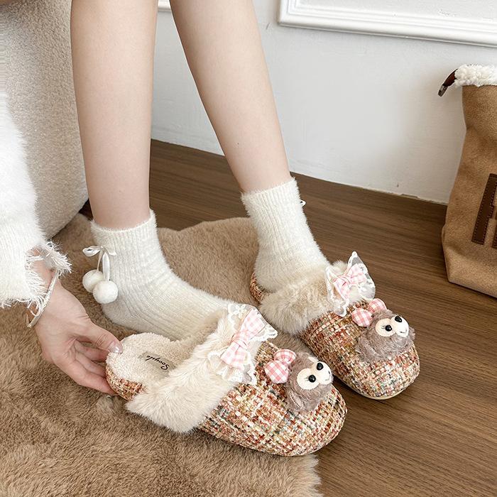 Shirley Rose Baumwollsuede lässige Mädchen Hausschuhe Herbst und Winter niedliche Cartoon Mädchen warme Tasche Kopf schleppend flauschige Hausschuhe