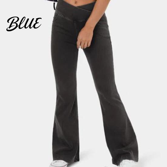 Women Casual Style Trousers High Waist Denim Pants Slightly Slim Fit Elegant Flared Jeans Pockets Cross Waistband Streetwear Comfortable
