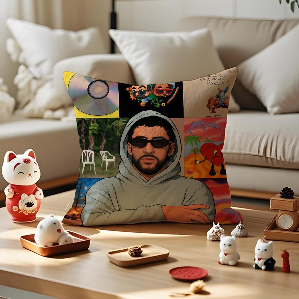 Hip Hop Rapper B-Bad B-Bunny Cushion Cover Silky Short Plush With Invisible Zipper Dustproof Sofa Pillow Cover For Home Decor