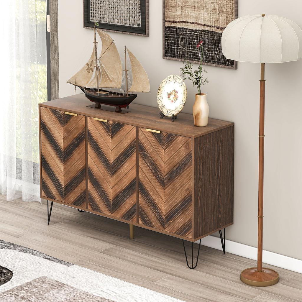 Exclusive sideboard with three doors, with stylish details and generous storage space. Door made of solid wood veneer, concave and convex texture.