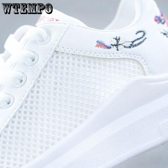 WTEMPO Breathable White Shoes Women's Hollow Out Sports Mesh Shoes Female Large Size Flat Heel Casual Shoes