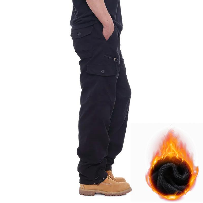 Winter Mens Cargo Pants Fleece Warm Trousers Cotton Pants Insulated Hiking Running Pants Man Multiple Pockets