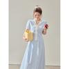 Zhang Daren 2026 Summer Plus Size Women's Dress for Chubby Girls, Slimming and Elegant Dress, Retro Style Blue A-Line Dress