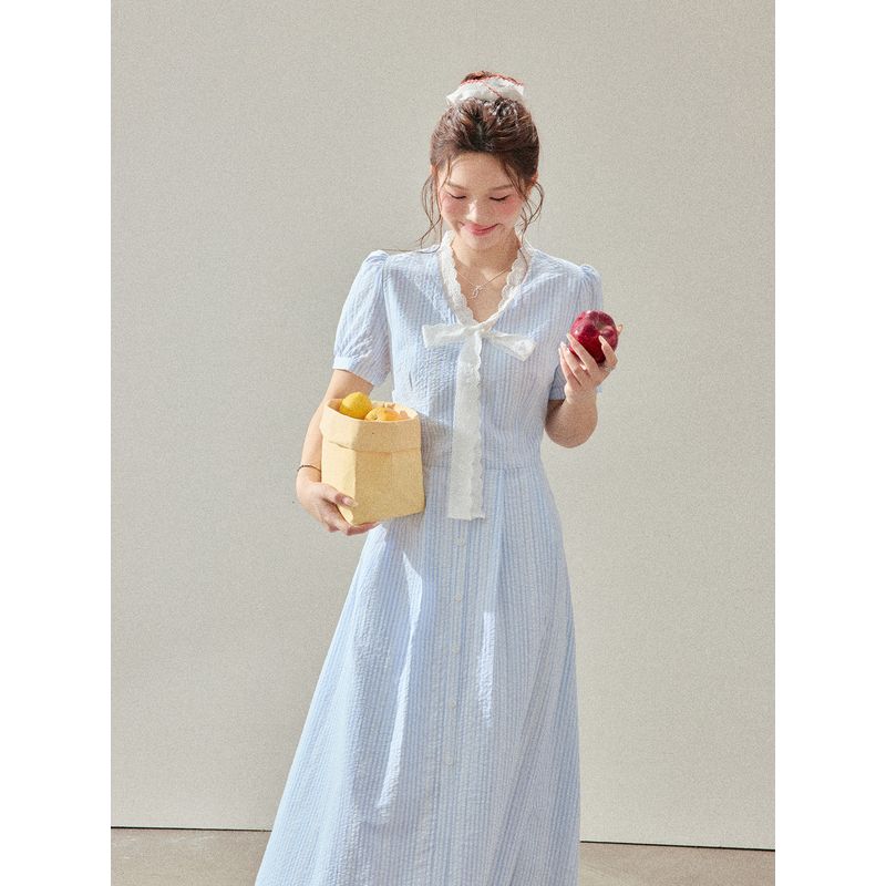 Zhang Daren 2026 Summer Plus Size Women's Dress for Chubby Girls, Slimming and Elegant Dress, Retro Style Blue A-Line Dress