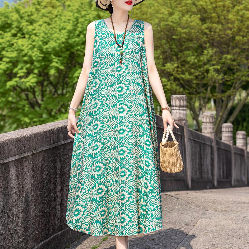 Elegant Sleeveless Dress Summer Fashion Casual Loose Vintage Print Long Dresses for Women Summer Clothes