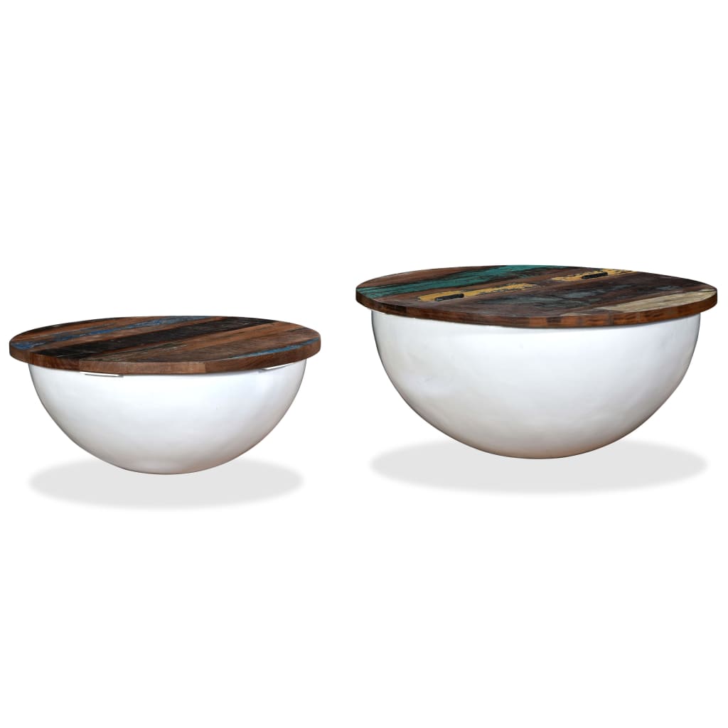  Coffee Tables, 2 Pcs, Reclaimed Wood, White, Bowl Shape