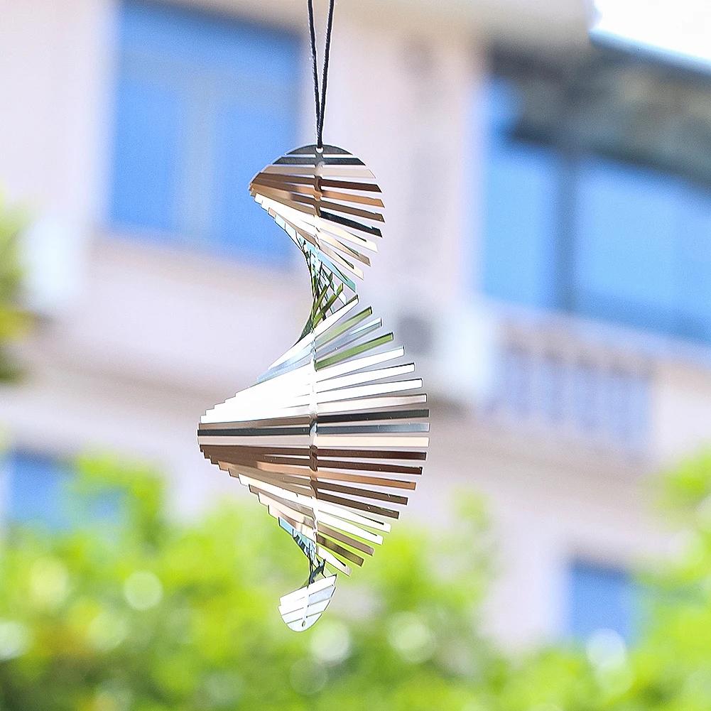 Flip Spiral Wind Spinner 3D Fishbone Whirligig Rotate Wind Chimes Outdoor Garden Hanging Decor Mirror Reflective Bird Deterrent