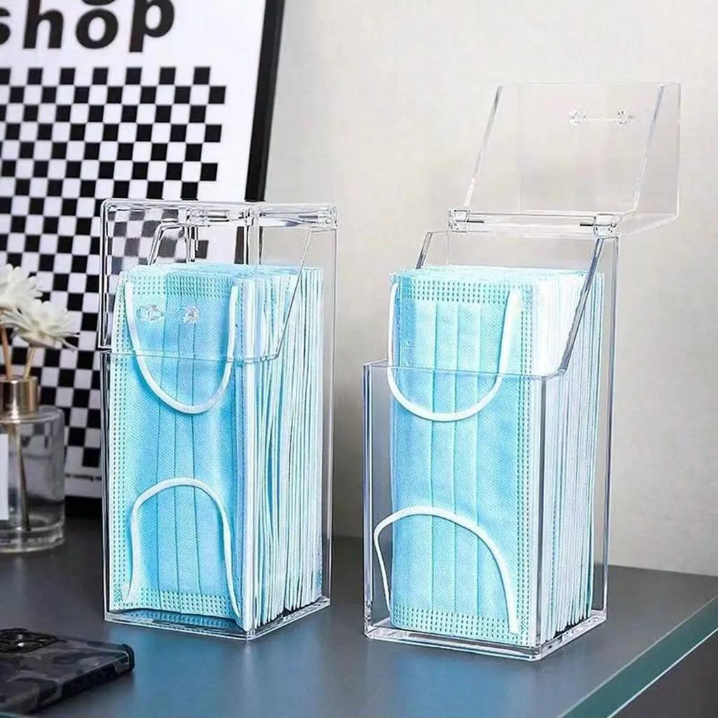 1/2 piezas - Caja de almacenamiento de mascarillas transparente con tapa, puerta para boca y nariz a prueba de polvo, caja de mascarillas para entrada de escritorio