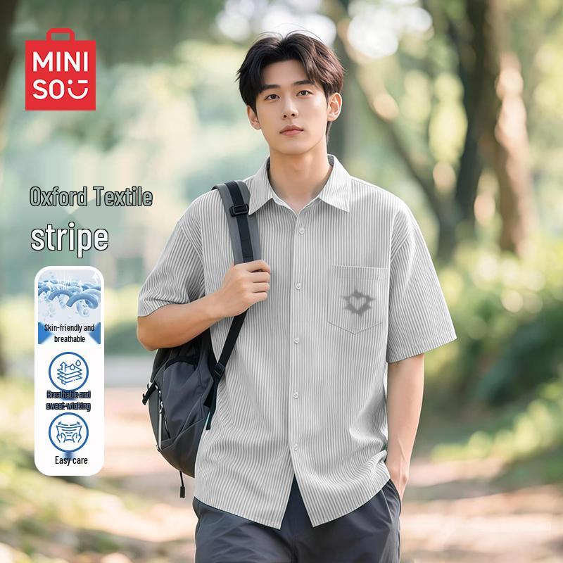 MINISO Men s Oxford Stripe Short-Sleeve Cuban Collar Shirt M