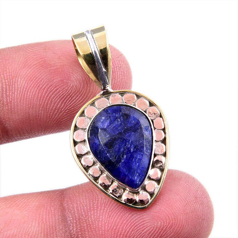 

Sapphire(Simulated) Handmade 925 Sterling Silver Two Tone Pendant 1.25 P2k57