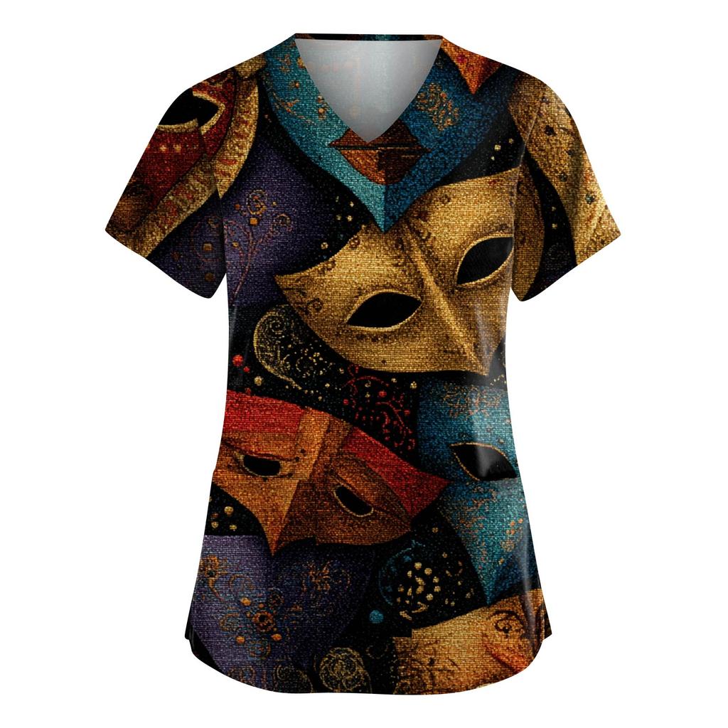 Women's Fashion V-Neck Short-Sleeved Workwear With Pockets Carnival Print Top Caregiver Uniform