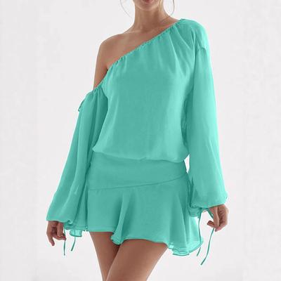 New Fashionable Pure Style, Chiffon Slanted Shoulder Off-the-shoulder Long-sleeved Ruffle Edge High-end Dress