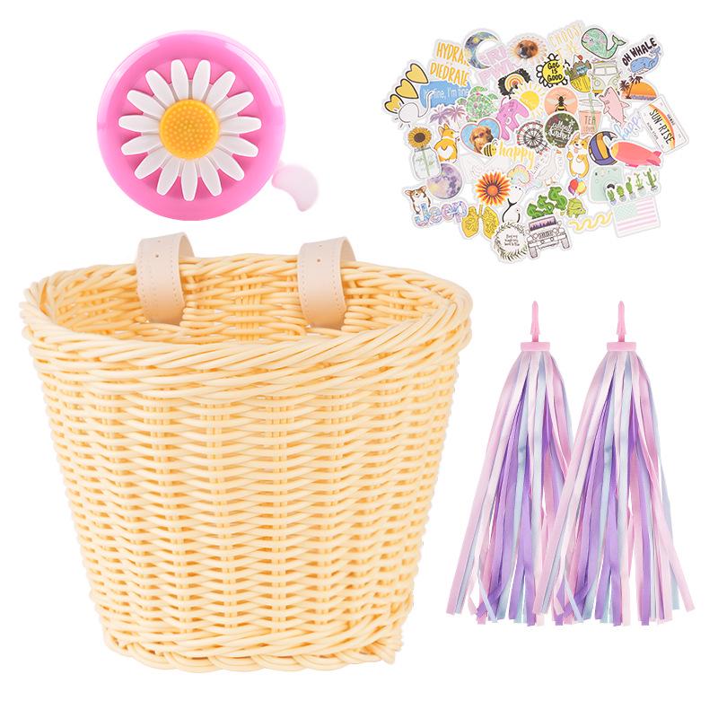 Children's Retro Rattan Bike Basket with Bell, Stickers, and Handlebar Tassels - Bicycle Accessories