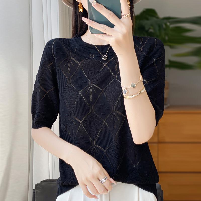 Women Knit T-shirt Summer Knitted Shirt Short Sleeve Tees O-neck Pullover Knit Tops Female