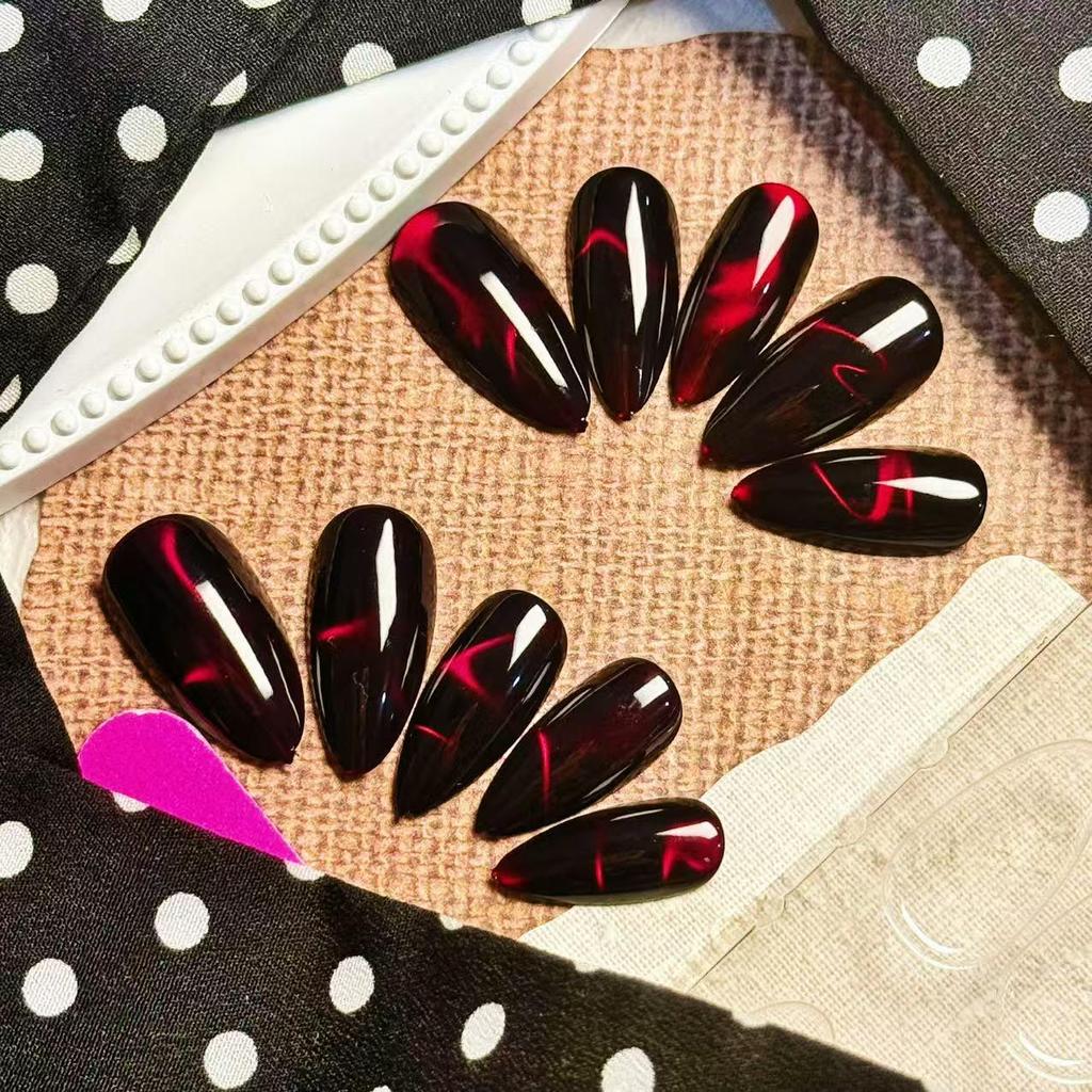 Black & Red Halloween Cat Eye Wearable Nails