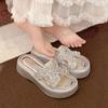 Women's Summer 2025 Silver Rhinestone One-Strap Thick-Soled Height-Increasing Cool Sandals with Medium Heel
