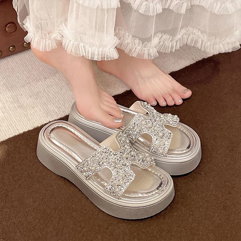 Women's Summer 2025 Silver Rhinestone One-Strap Thick-Soled Height-Increasing Cool Sandals with Medium Heel