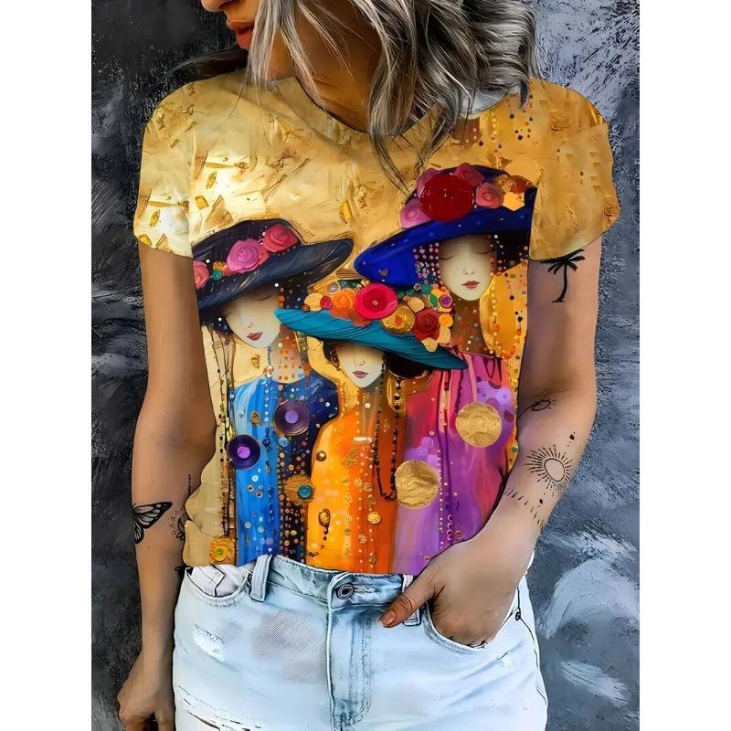 Summer Women's Round Neck T-Shirt Outdoor Fashion Casual Short-Sleeved 3d Cartoon Printing Pattern Oversized Women's Clothing