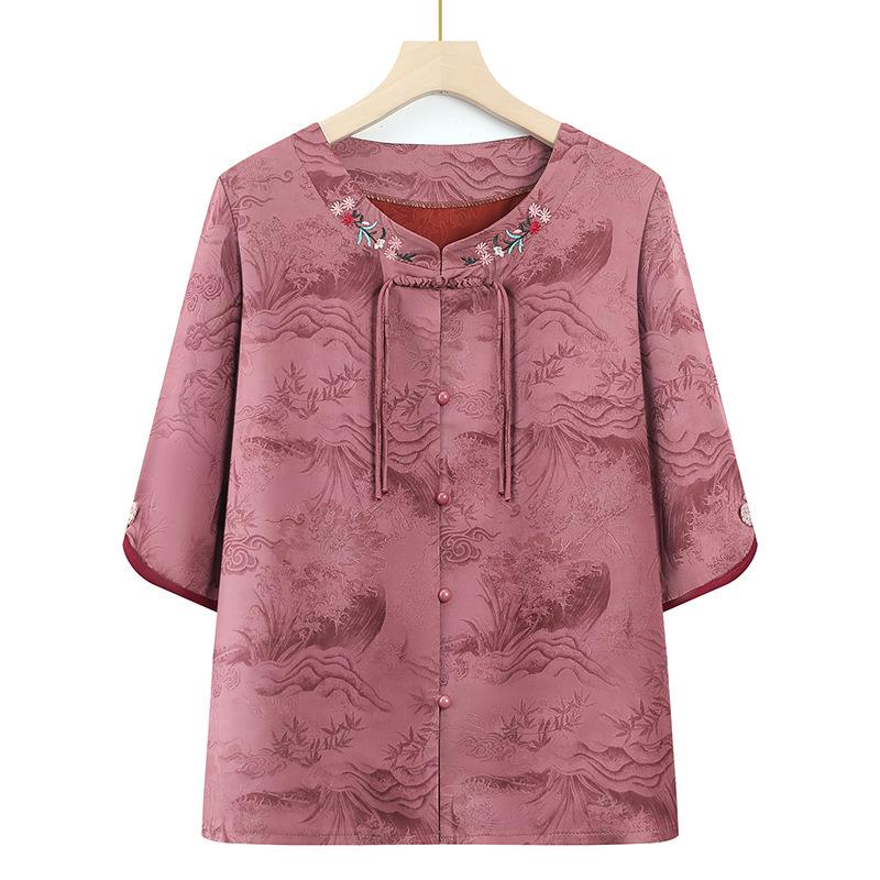 

2026 Spring/Summer Embroidered Lace-up Round Neck Top for Middle-aged Women – Short Sleeve Chinese Style Shirt XL -- Recommended 90-105 jin