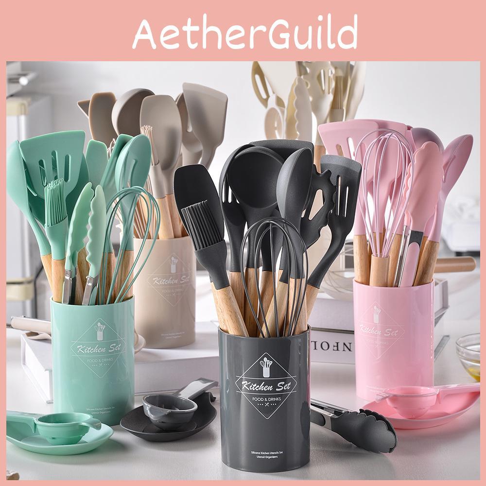 Silicone Kitchen Utensil Set With Wooden Handles For Nonstick Cookware And Heat Resistance